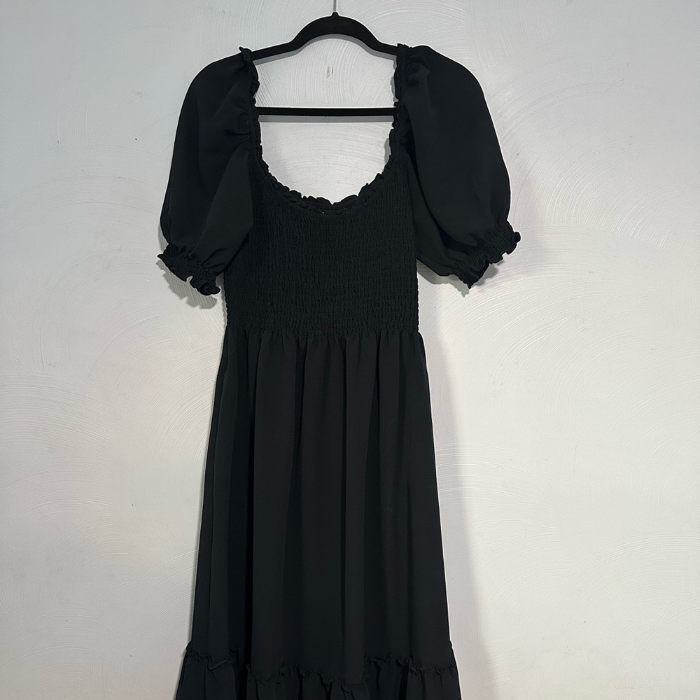 Hill House black midi dress with puff sleeves